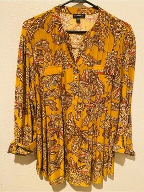 Cocomo Mustard Floral Split V-Neck Tunic